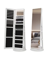 Vlsrka A 360° swivel standing jewelry mirror cabinet with storage shelves, full-length mirror, and Led lights.