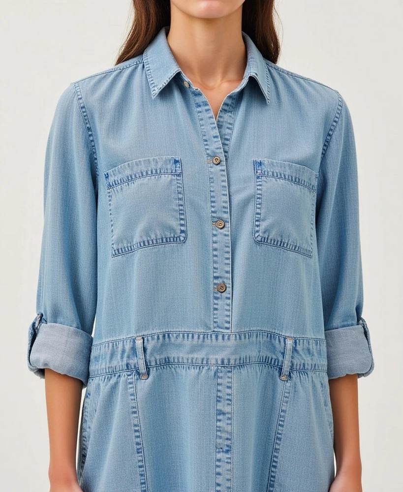 Modenaire Women's Button-Front Denim Mini Dress with Pockets