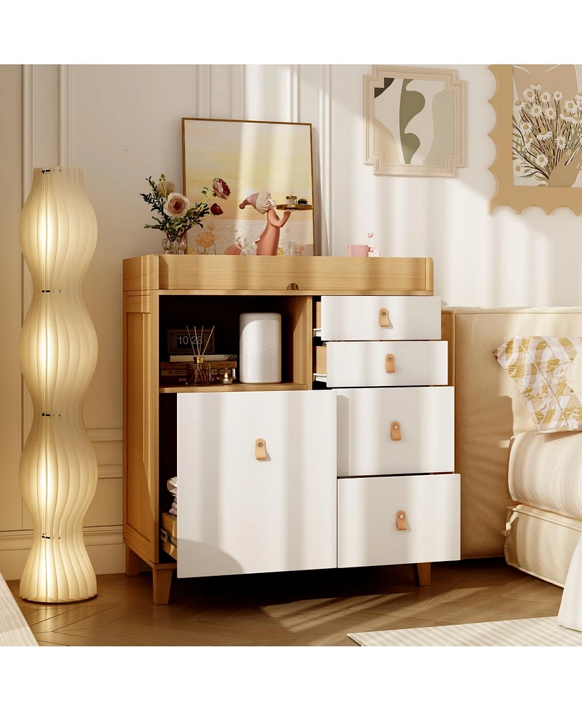Four-drawer nightstand with one door, wood and white wooden side table, end table with leather handles, appropriate for bedrooms, living rooms, and of