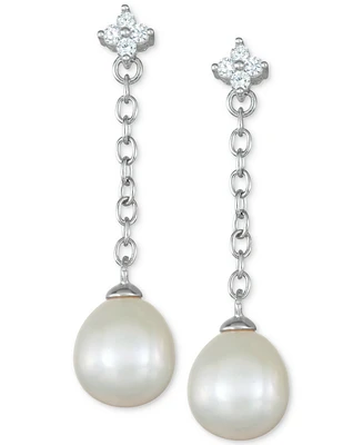 Cultured Freshwater Pearl (8mm) & Cubic Zirconia Flower Chain Earrings in Sterling Silver