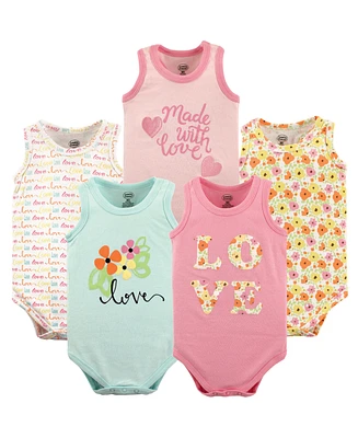 Luvable Friends Baby Girls Cotton Sleeveless Bodysuits 5pk, Love, Months