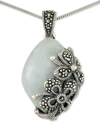 Jade (18 x 25 x 5mm) & Marcasite Floral 18" Pendant Necklace in Sterling Silver