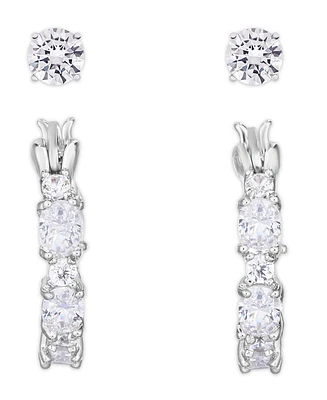 Cubic Zirconia 2-Pc. Hoop and Round Stud Earrings in Silver Plate