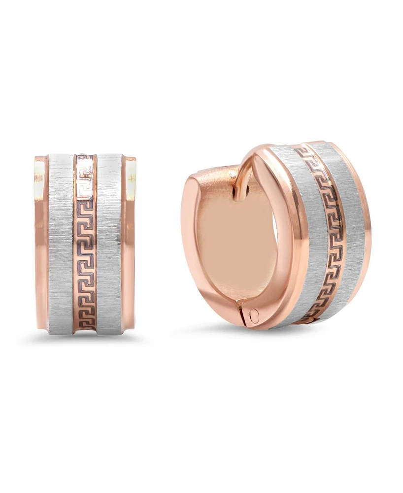 Steeltime Stainless Steel 2 Tone Greek Key Design Huggie Earrings