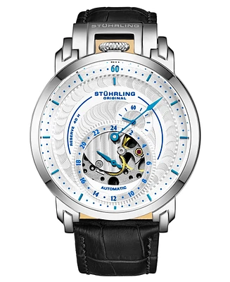 Stuhrling Men's Black Leather Strap Watch 44mm