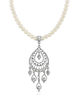 2028 Silver-Tone Crystal Filigree Drop On Imitation Pearl Necklace