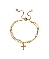Unwritten 14K Gold Flash-Plated Gray Fresh Water Pearl and Crystal Cross Double Strand Bolo Bracelet