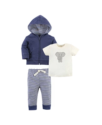 Touched by Nature Baby Boys Unisex Organic Cotton Hoodie, Bodysuit or Tee Top, and Pant, Elephant, Months