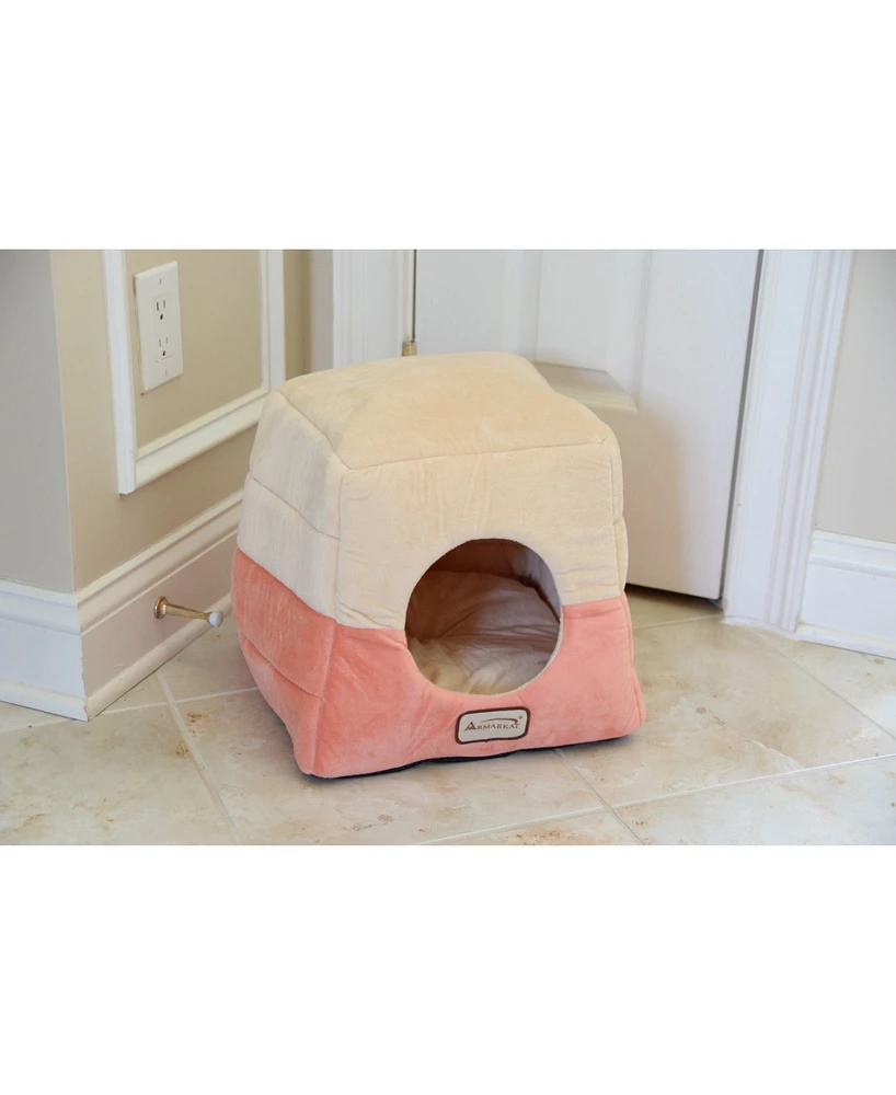 Armarkat 2-In-1 Cat Bed Cave Shape And Cuddle Pet Bed, Orange/Beige - Soft Velvet, Waterproof, Skid-Free Base