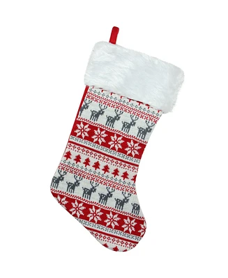 Northlight Tree Deer and Snowflake Knit Christmas Stocking with Faux Fur Cuff