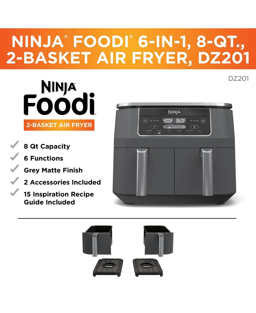 Ninja Foodi DZ201 6-in-1 8 Qt. 2-Basket Air Fryer with DualZone Technology