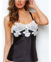 iCollection Women's Stretch Satin and Lace Camisole Lingerie with Adjustable Wide Straps