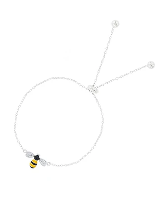 Cubic Zirconia Enamel Bee Adjustable Bolo Bracelet Sterling Silver (Also 14k Gold Over Silver)