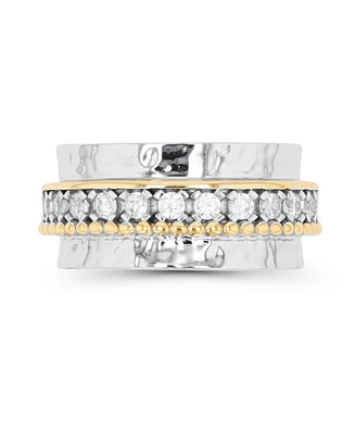Cubic Zirconia Two Tone Hammered Band Ring Sterling Silver