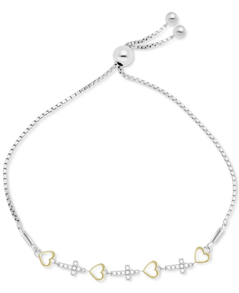 Diamond Heart & Cross Bolo Bracelet (1/6 ct. t.w.) in Sterling Silver & Gold-Plated Sterling Silver