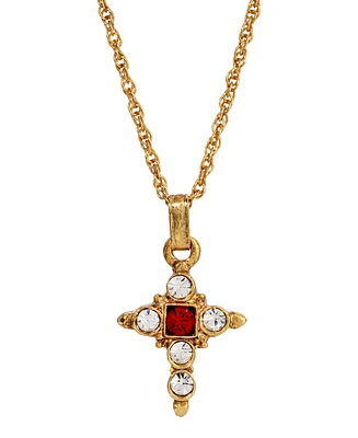 14K Gold Dipped Dark Red and Crystal Cross Pendant Necklace
