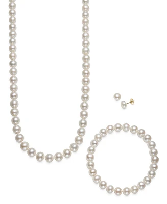 Cultured Freshwater Pearl 3 Piece Set, Necklace, Earrings and Bracelet in 14k Gold