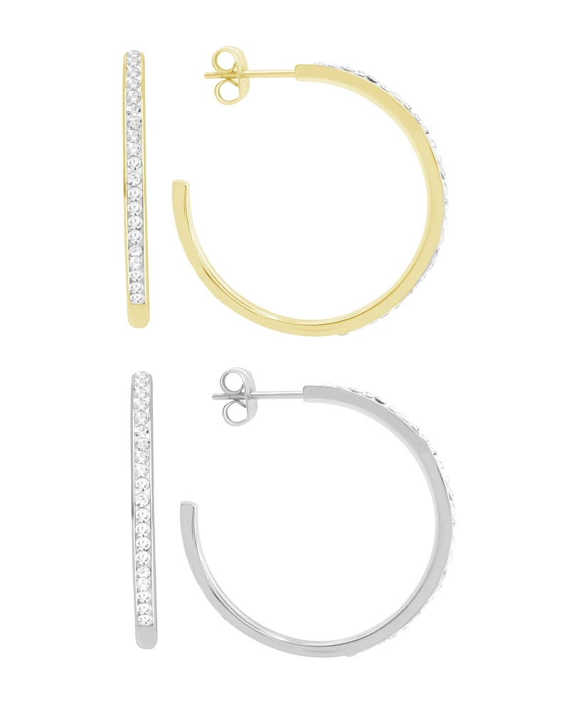 And Now This High Polished Clear Crystal Duo C Hoop Earring Pair, Gold Plate and Silver Plate