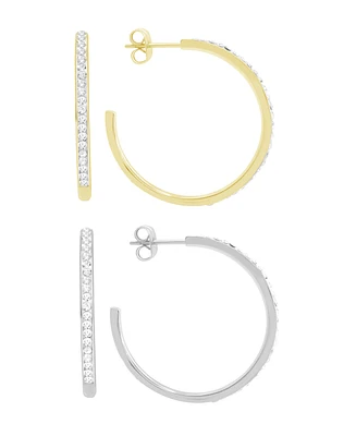 And Now This High Polished Clear Crystal Duo C Hoop Earring Pair, Gold Plate and Silver Plate