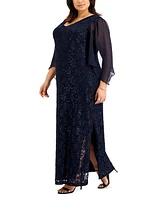 Connected Plus Size Sheer-Sleeve Lace Gown