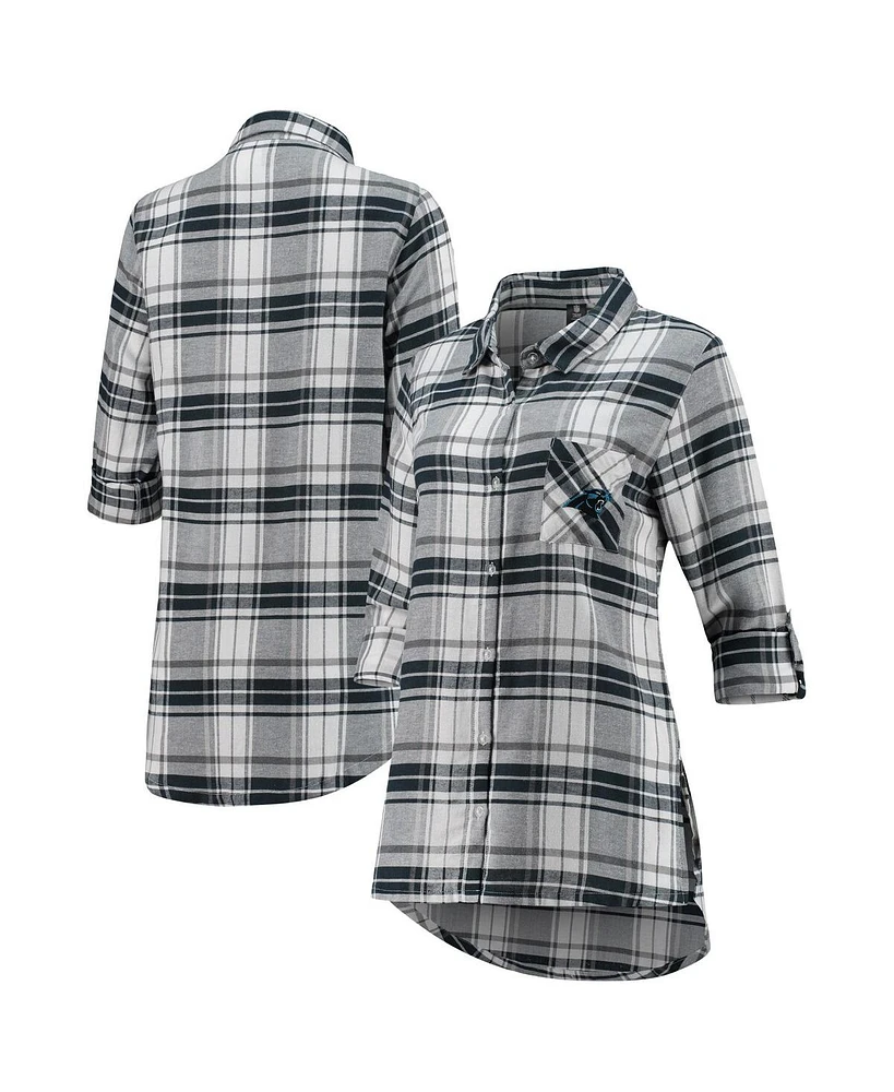 Women's Charcoal, Gray Carolina Panthers Accolade Flannel Long Sleeve Button-Up Nightshirt