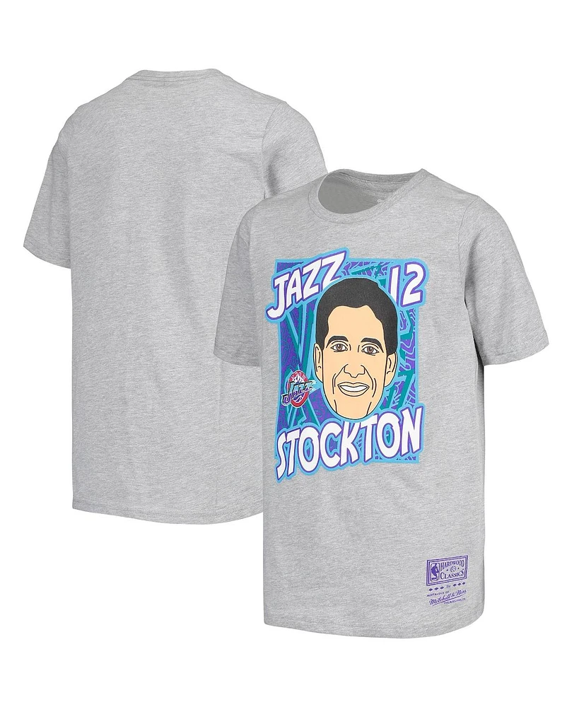 Big Boys Mitchell & Ness John Stockton Gray Utah Jazz Hardwood Classics King of the Court Player T-shirt