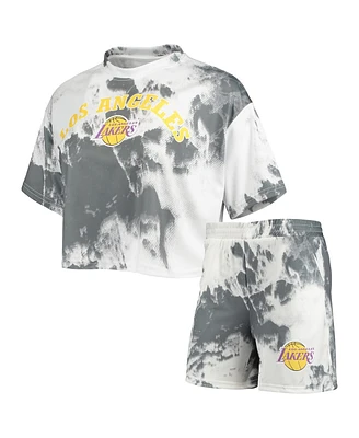 Women's Nba Exclusive Collection White, Black Los Angeles Lakers Tie-Dye Crop Top and Shorts Set