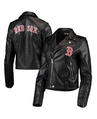 Women's The Wild Collective Black Boston Red Sox Faux Leather Moto Full-Zip Jacket