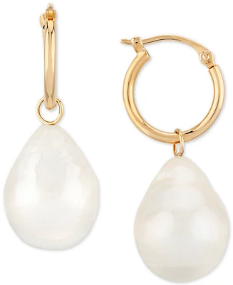 Cultured Freshwater Baroque Pearl (12mm) Dangle Hoop Earrings 14k Gold