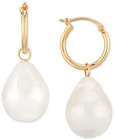 Cultured Freshwater Baroque Pearl (12mm) Dangle Hoop Earrings 14k Gold