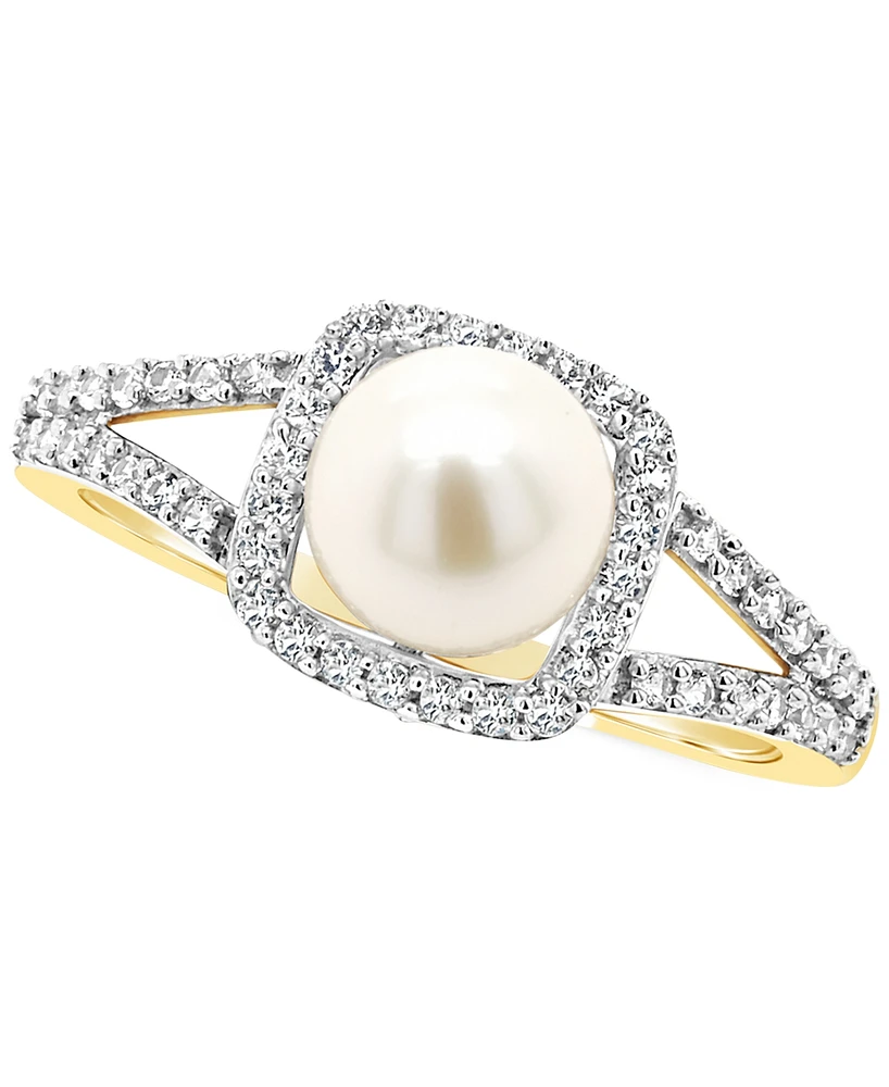 Cultured Freshwater Pearl & Lab-Grown White Sapphire (1/4 ct. t.w.) Halo Ring 10k Gold (Also Onyx)