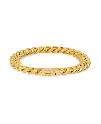 Steeltime Men's 18k Gold Plated Stainless Steel Thick Cuban Link Chain Bracelet with Simulated Diamonds Clasp