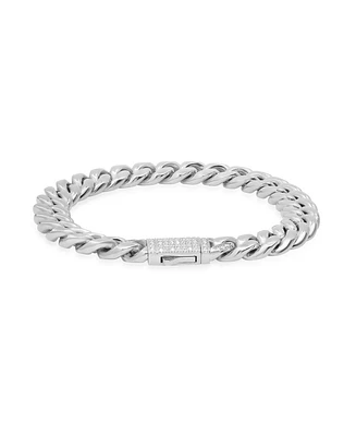 Steeltime Men's Stainless Steel Thick Cuban Link Chain Bracelet with Simulated Diamonds Clasp