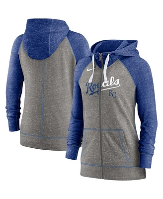 Women's Nike Heathered Charcoal and Royal Kansas City Royals Split Wordmark Gym Vintage-Like Raglan Slub Full-Zip Hoodie