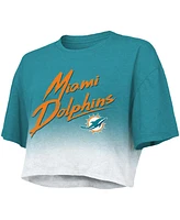 Women's Majestic Threads Tua Tagovailoa Aqua, White Miami Dolphins Drip-Dye Player Name and Number Tri-Blend Crop T-shirt
