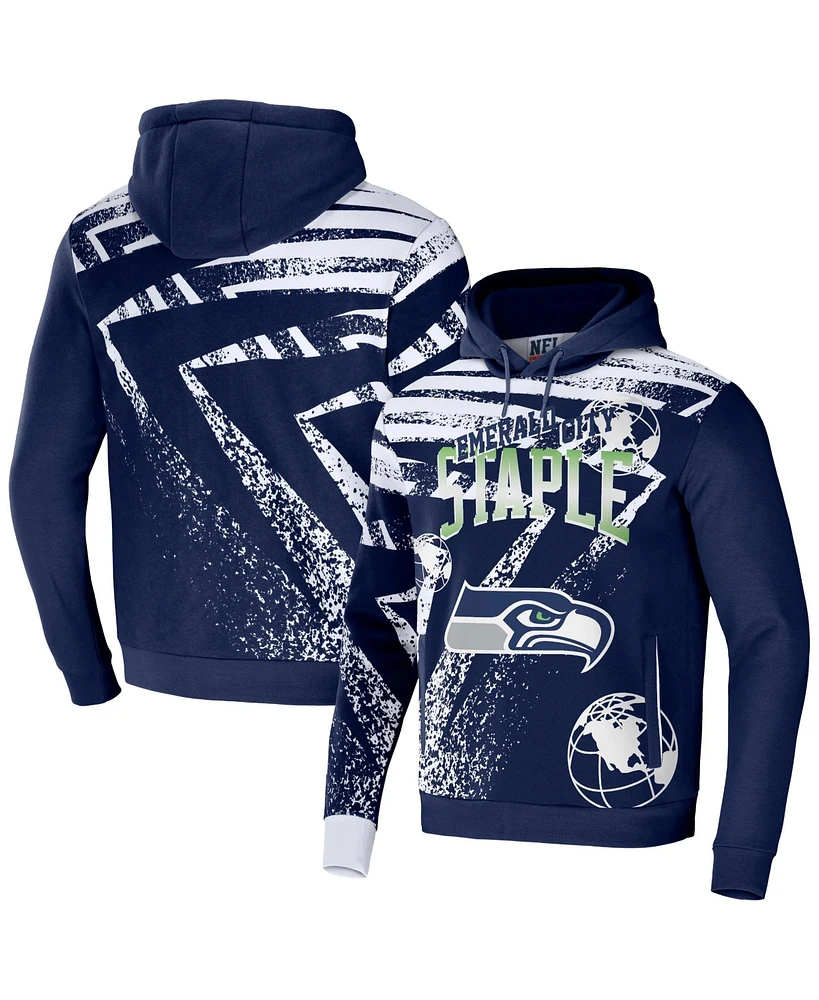 Men's Nfl X Staple Navy Seattle Seahawks Team Slogan All Over Print Pullover Hoodie