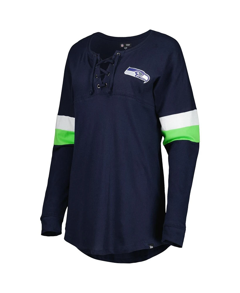 Women's New Era College Navy Seattle Seahawks Athletic Varsity Lace-Up Long Sleeve T-shirt