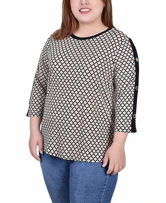 Ny Collection Plus Size 3/4 Sleeve Top with Combo Bands and Grommets