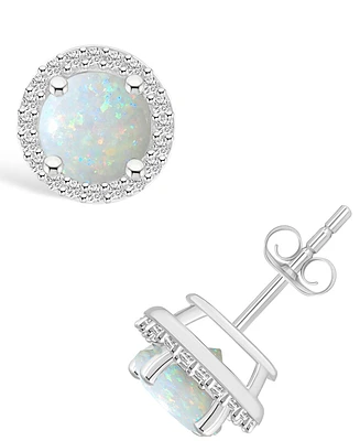 Lab Grown Opal (3/4 ct. t.w.) and Lab Grown Sapphire (1/5 ct. t.w.) Halo Studs in 10K White Gold