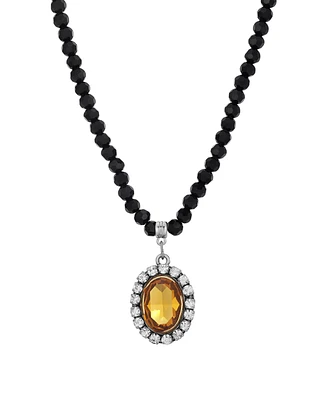 2028 Crystal Rimmed Topaz Oval Black Beaded Adjustable Necklace