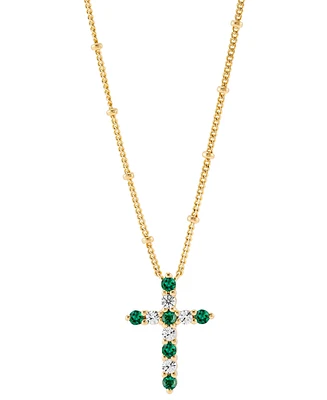 Lab-Grown Emerald (1/4 ct. t.w.) & Lab-Grown White Sapphire (1/3 ct. t.w.) Cross Pendant Necklace in 14k Gold-Plated Sterling Silver, 16" + 2" extende