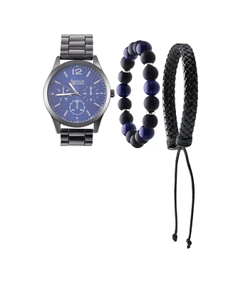 American Exchange Men's Quartz Movement Shiny Gunmetal Bracelet Analog Watch, 45mm with Stackable Bracelet Set and Zippered Travel Pouch