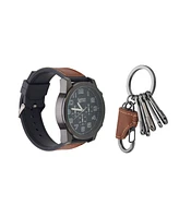 American Exchange Men's Quartz Movement Cognac Leather Strap Analog Watch, 48mm and Keychain with Zippered Travel Pouch