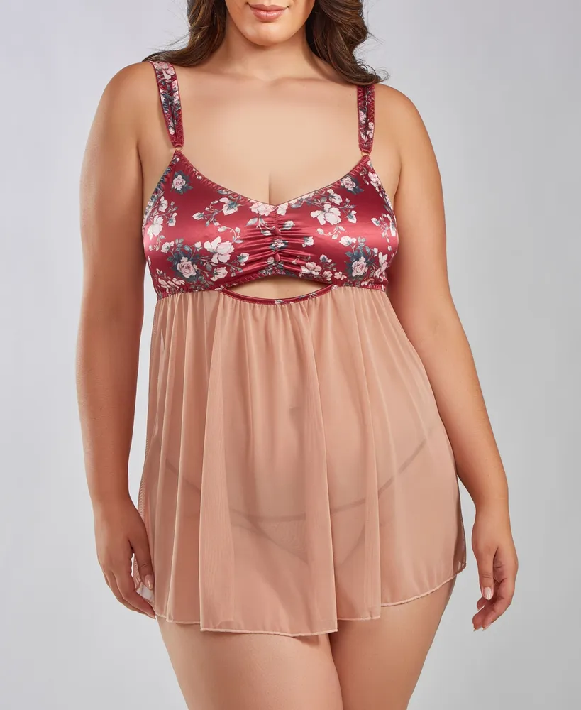 iCollection Kia Plus Mesh and Smooth Micro Floral Soft Bra Babydoll with Matching Panty, 2 Piece