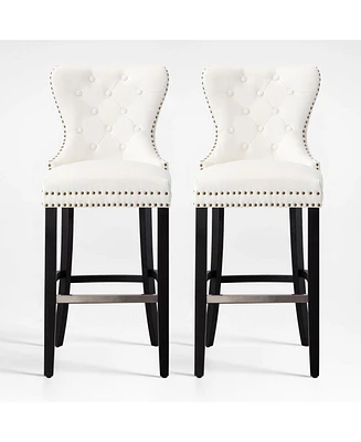 Tufted Upholstered Velvet Bar Stool with Metal Footrest (Set of 2