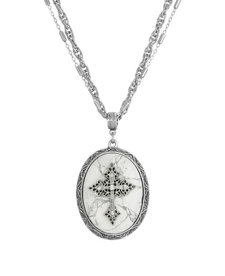 Symbols of Faith Pewter Cross White Howlite Oval Necklace