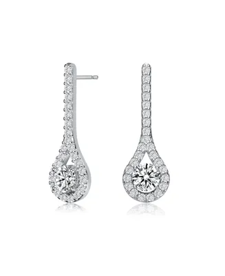 Sterling Silver with Rhodium Plated Clear Round Cubic Zirconia Solitaire with Accent Teardrop Earrings