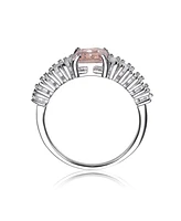 Sterling Silver with Rhodium Plated Pink Asscher Cubic Zirconia Green Zirconias Cluster Ring