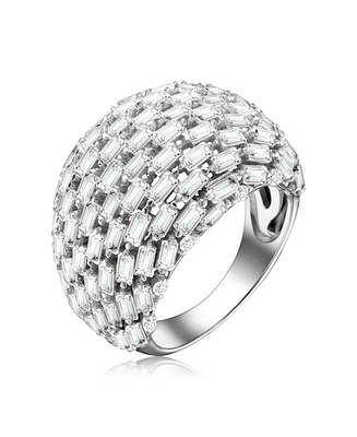 Sterling Silver with Rhodium Plated Clear Green Cubic Zirconia Cluster Dome Ring