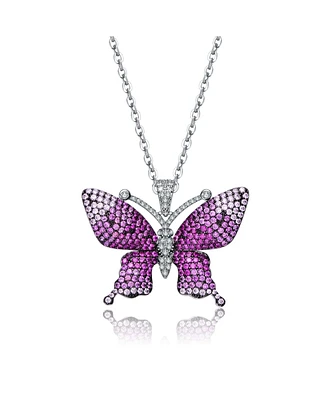 Sterling Silver with Rhodium and Black Plated Red Cubic Zirconia Butterfly Pendant Necklace